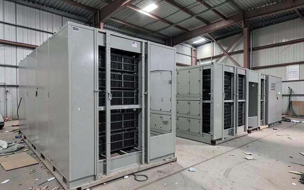 Gabinetes y racks de un sistema de almacenamiento de energía en desmantelamiento