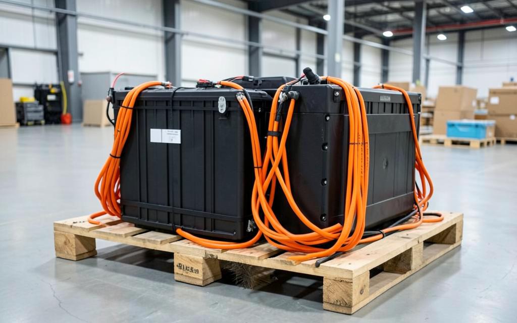 Packs de batería de vehículo eléctrico asegurados sobre tarima