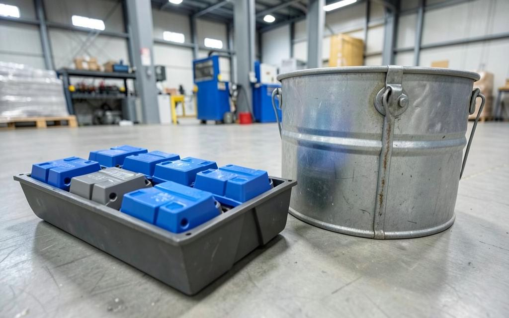 Celdas LFP prismáticas y cilíndricas en charola dentro de una nave industrial