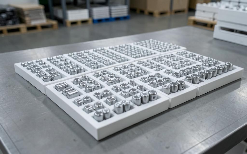 Charolas de celdas cilíndricas de ion-litio sobre una mesa de trabajo