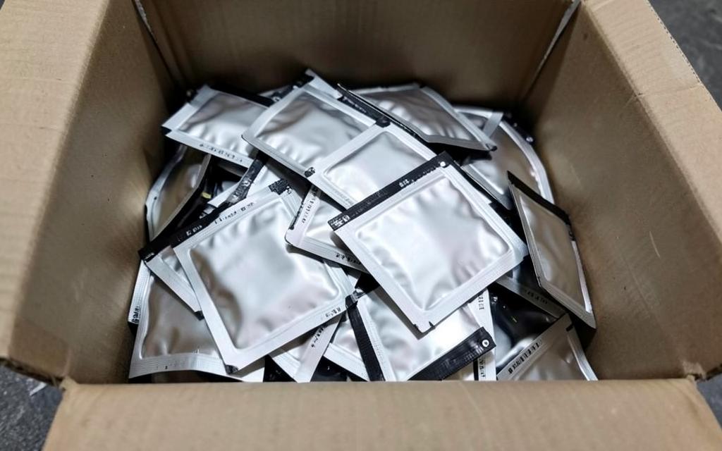 Celdas planas tipo pouch acumuladas en una caja de acopio