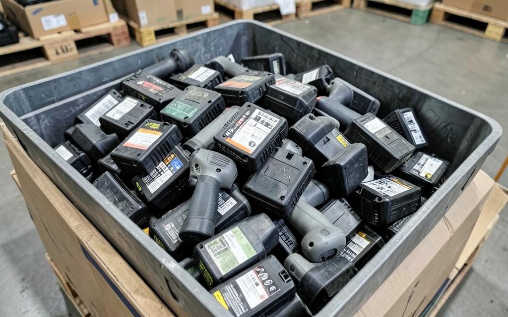 Packs de batería de herramienta eléctrica acumulados en un contenedor