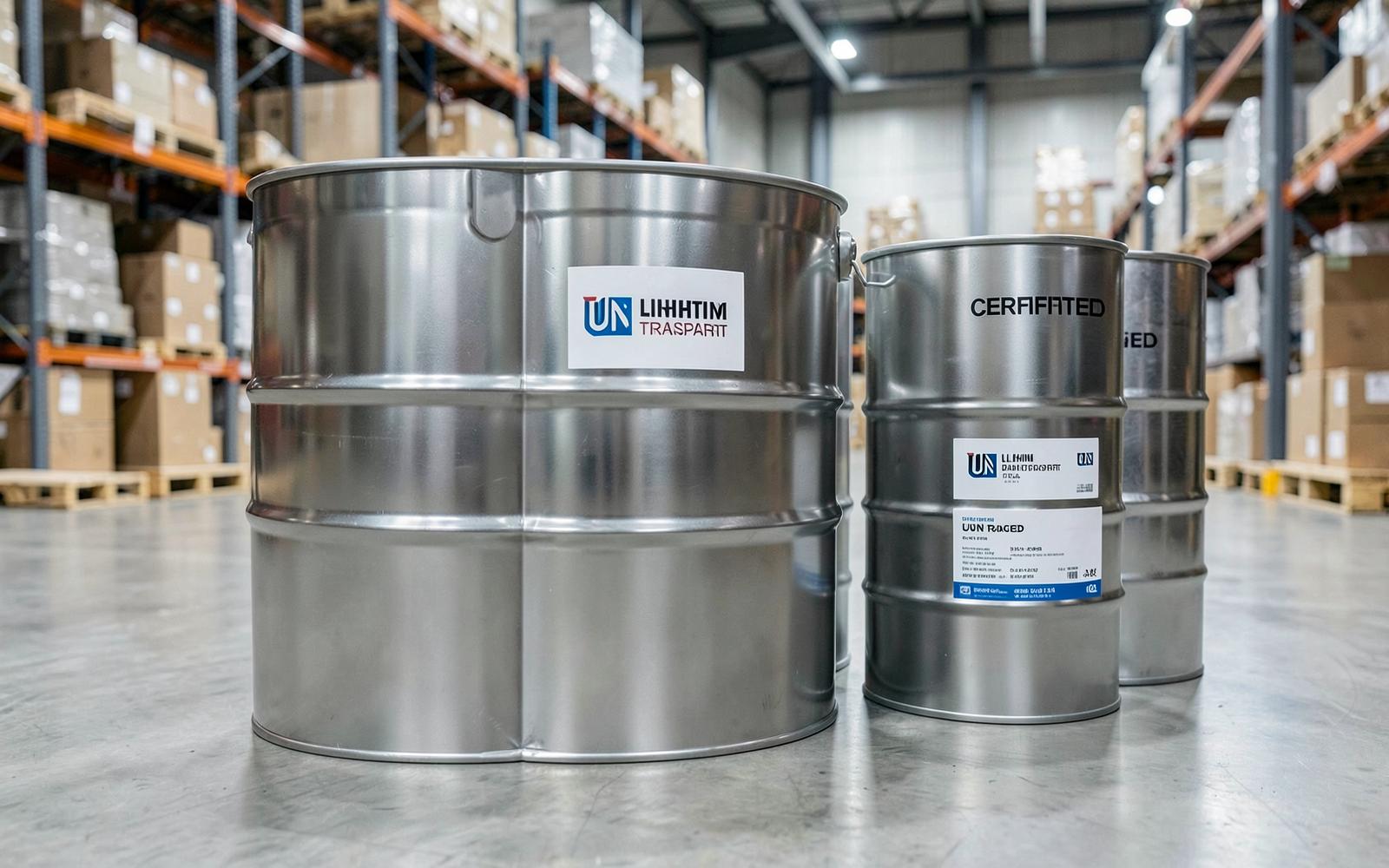 Imagen de referencia: contenedores metálicos etiquetados para transporte en almacén logístico